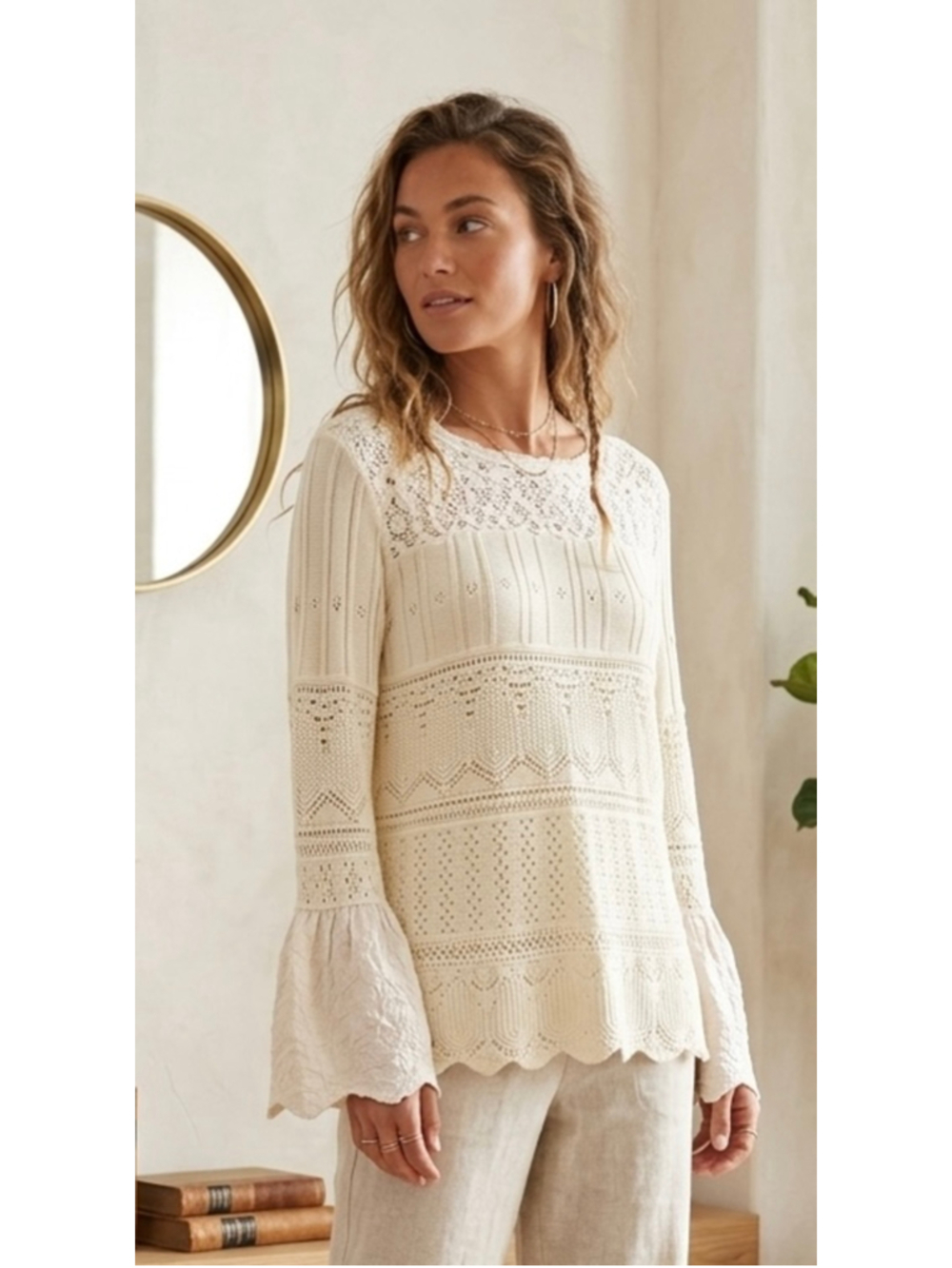L&B Lucky & Blessed Cream Boho Knit Sweater Embroidered Bell Sleeve Crochet M